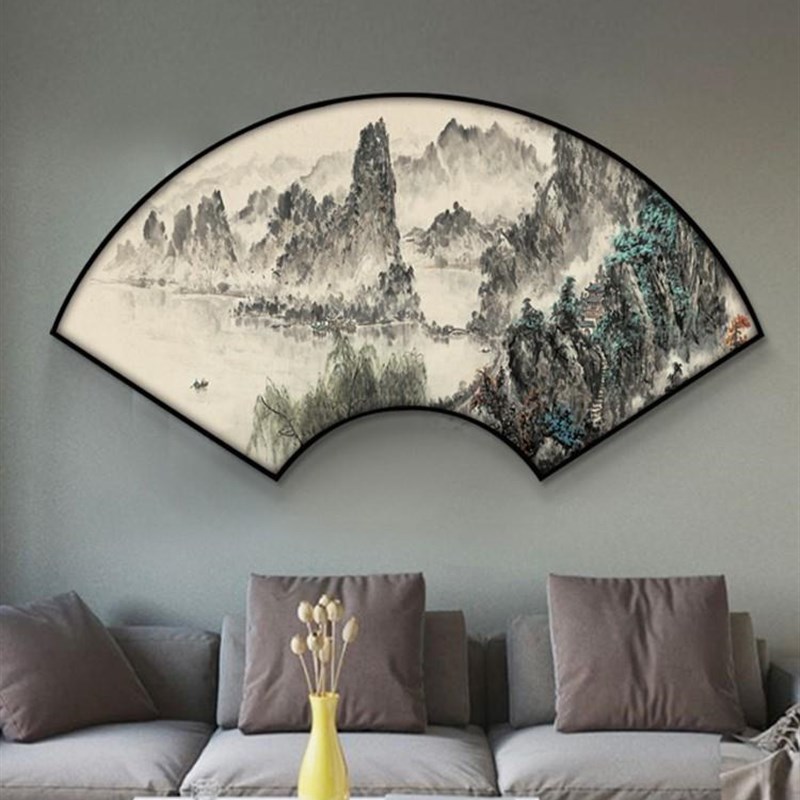 网红山水画客挂画中国风装背饰画画国沙发景玄墙壁画办公室扇形厅