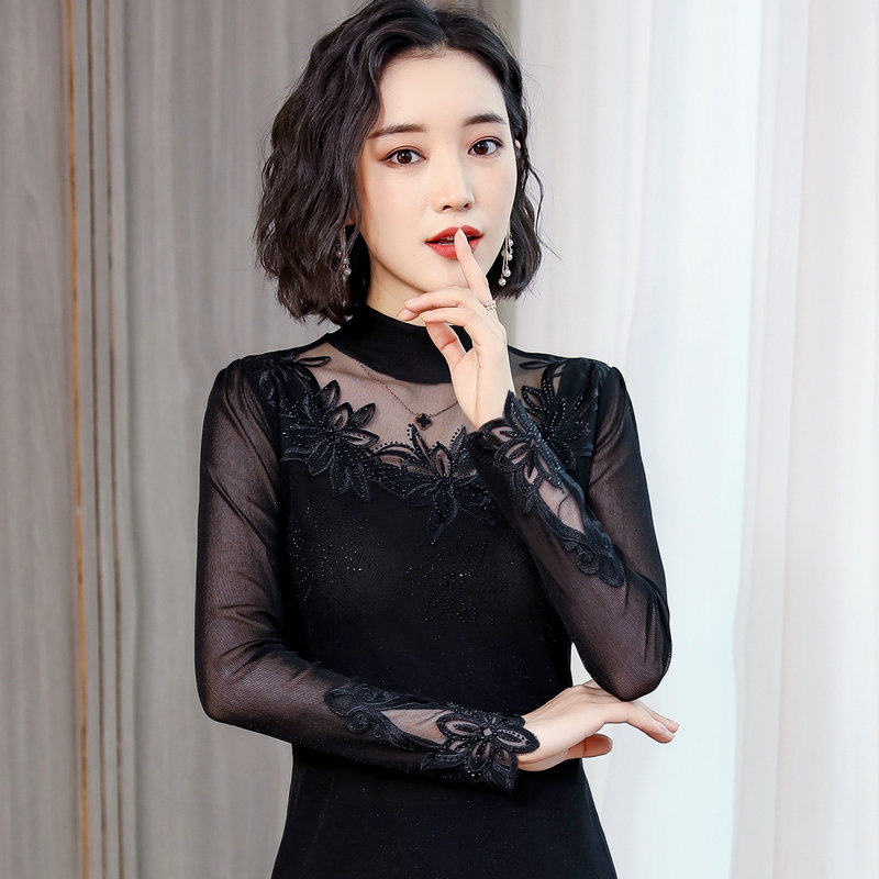 2021新款秋装女纱网半高领蕾丝打底衫女长袖T恤上衣内搭网纱小衫