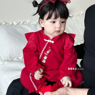 中式女宝宝秋装连体旗袍婴儿衣服公主超萌满月百天周岁礼服春秋季