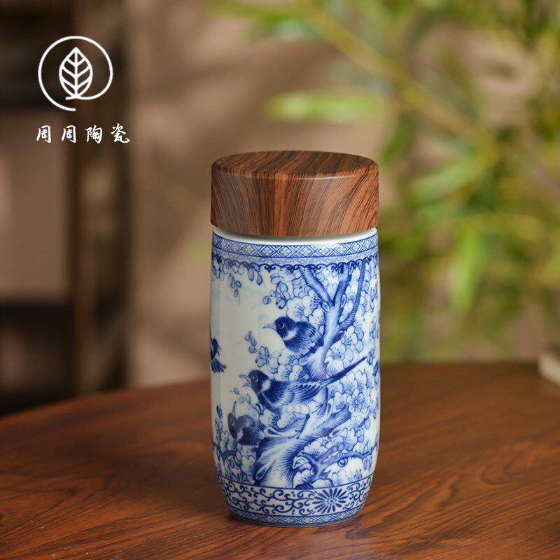 景德镇陶瓷花鸟双层保温杯随手杯能量杯带盖白瓷便携户外杯送礼