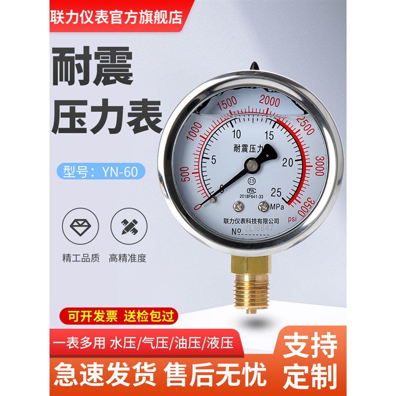 耐震压力表YN60立式液压表油压表水压表充油抗震表2分负压真空表