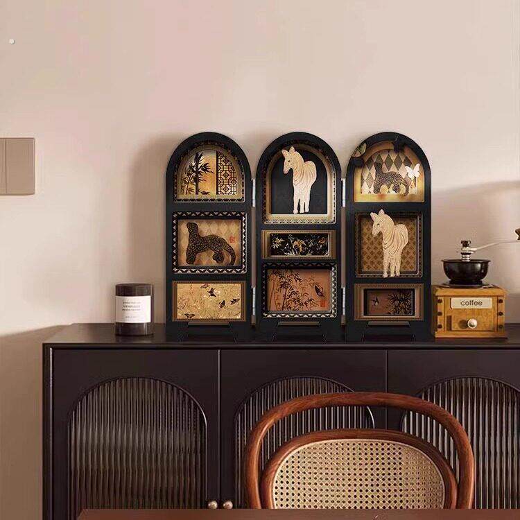 中古风桌面屏风摆件复古客厅电视柜装饰画入户玄关边柜法式小摆件