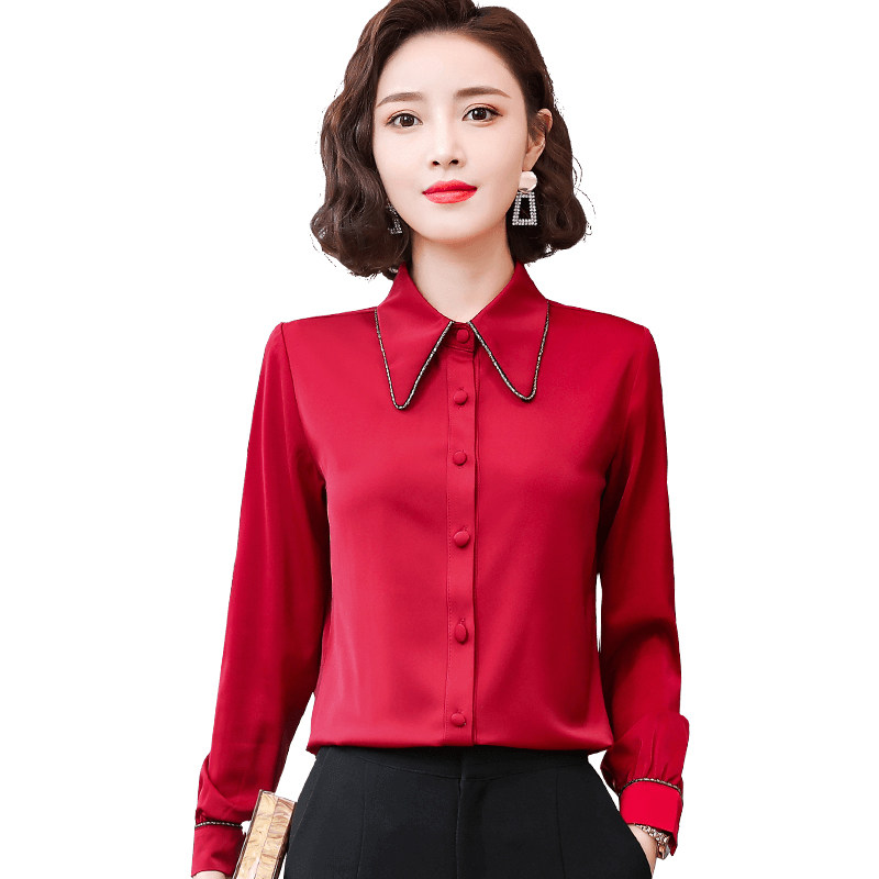 红色雪纺衬衫女长袖衬衣2021年春秋新款时尚洋气气质打底职业上衣