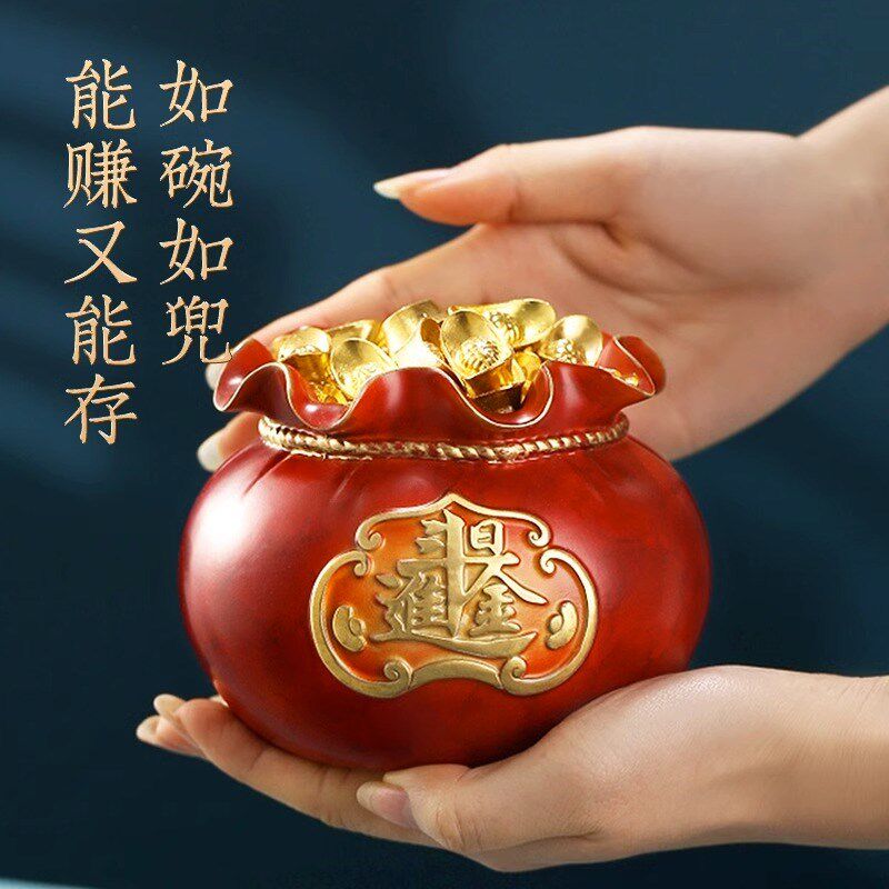 彩铜钱袋聚宝盆黄铜摆件钱罐家居装饰品客厅办公室聚钱袋开业礼品