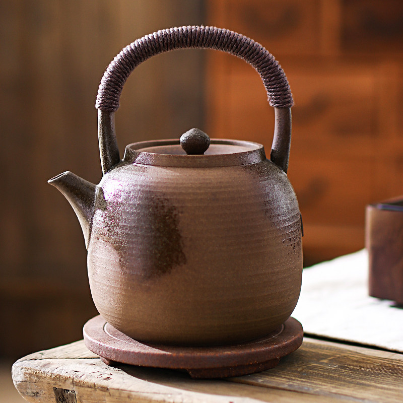 柴烧纯手工煮茶陶壶 日式复古提梁茶壶 粗陶围炉煮茶用具