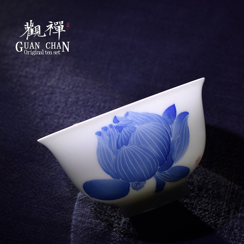 观禅景德镇青花瓷品茗杯釉下彩纯手绘单杯陶瓷荷花主人杯功夫茶具