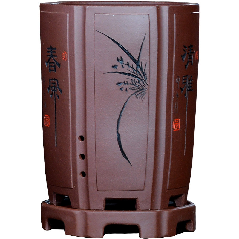 宜兴紫砂兰花盆陶瓷君子兰盆栽蓝草透气六方形兰花盆专用盆带托盘
