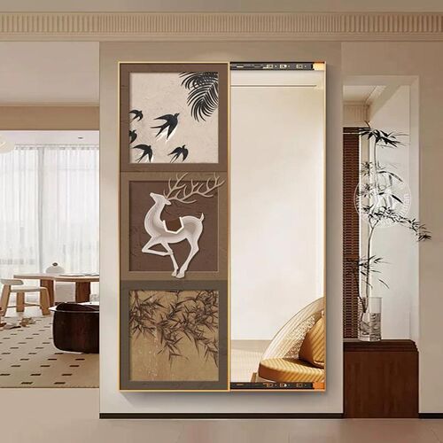 中古风正对门玄关隐形全身镜挂墙客厅隐藏式全身穿衣镜可推拉壁画