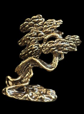 复古实心纯黄铜办公桌面车载小摆件迎客松茶宠工艺品手把玩件饰品