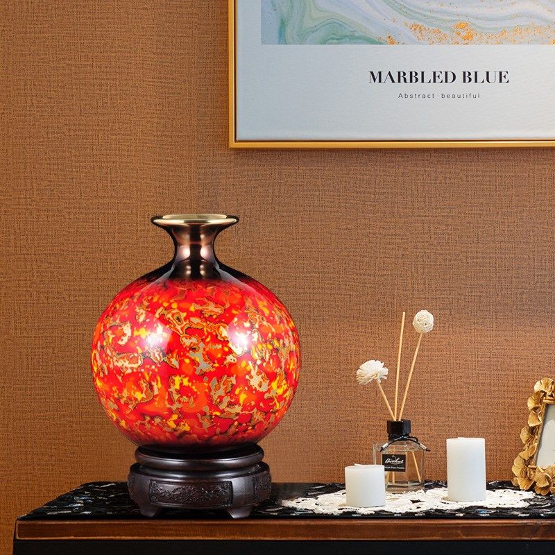 彩铜花瓶摆件中式大肚插花花瓶轻奢铜工艺品家居客厅玄关装饰礼品