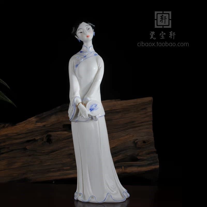 明清古典美女仕女手绘青花德化陶瓷白瓷江南风格办公玄关姐妹摆件