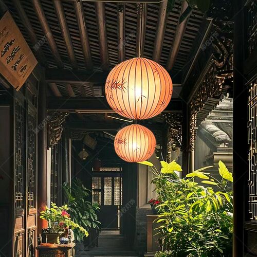 中式吊灯圆形阳台餐厅灯禅意茶室饭店包厢过道灯布艺客厅卧室灯笼