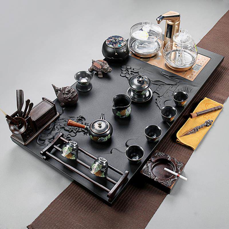 整块天然乌金石茶盘功夫茶具套装四合一家用整套大号石头茶台茶道