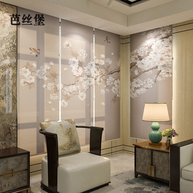 中式软屏风悬挂软隔断客厅窗帘茶室卧室收缩半透明卷帘电动飘窗