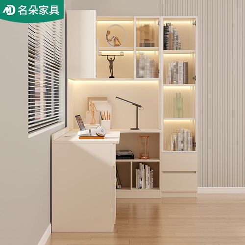 奶油风转角书桌书架一体组合拐角书柜学生家用定制电脑桌5FL46