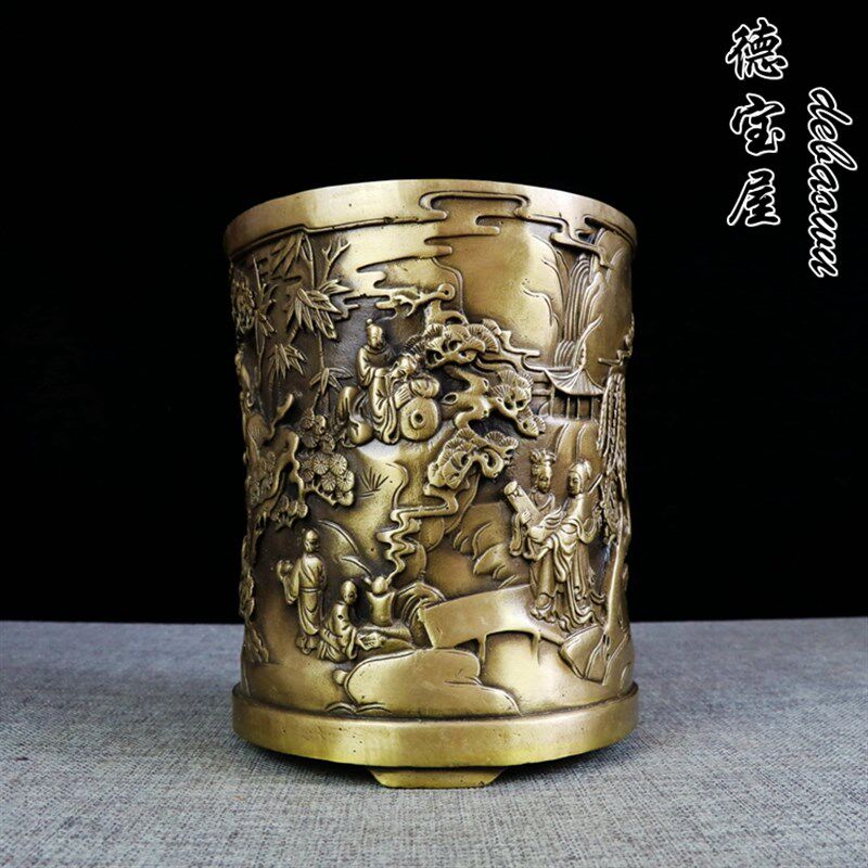 纯铜笔筒摆件黄铜复古笔筒人物笔筒工艺品大号文房用品办公室桌面
