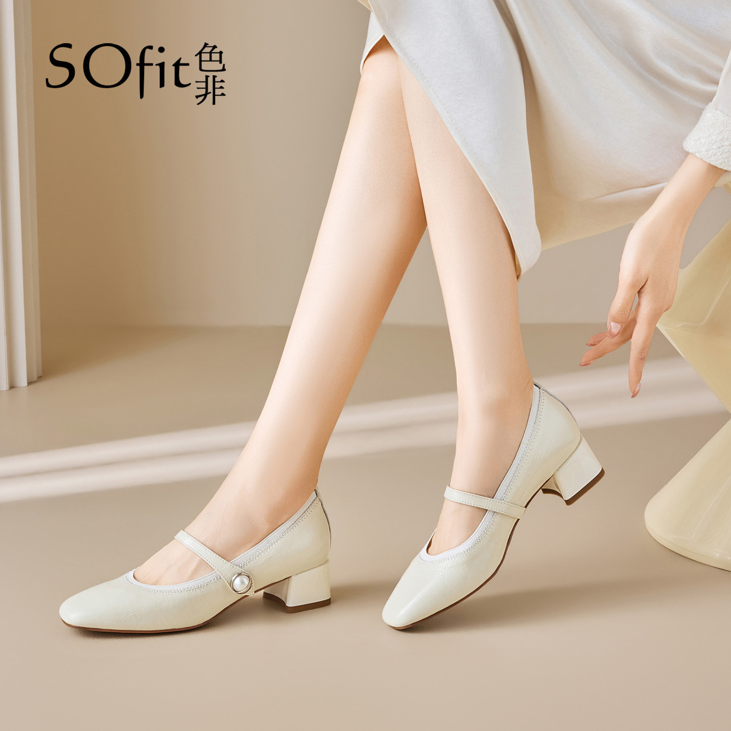 SOfit/色非复古方头中跟黑色玛丽珍鞋粗跟法式百搭浅口单鞋