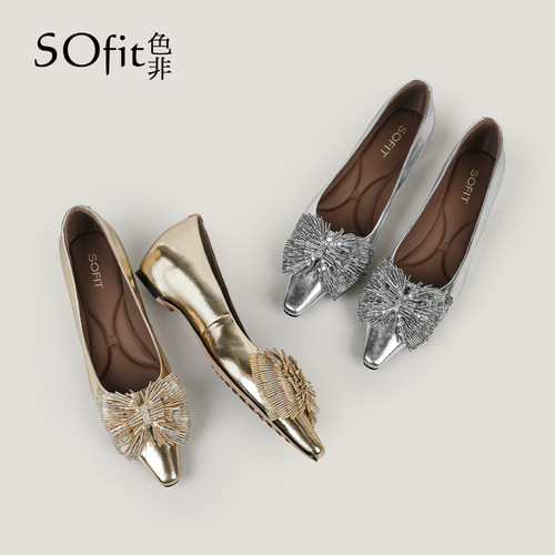 SOfit/色非法式方头水钻蝴蝶结浅口单鞋百搭通勤气质通勤女鞋