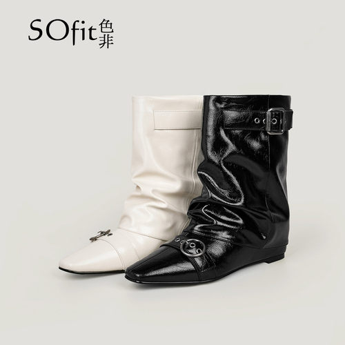 SOfit/色非新款方头百搭显瘦秋冬复古气质骑士靴英伦风女靴