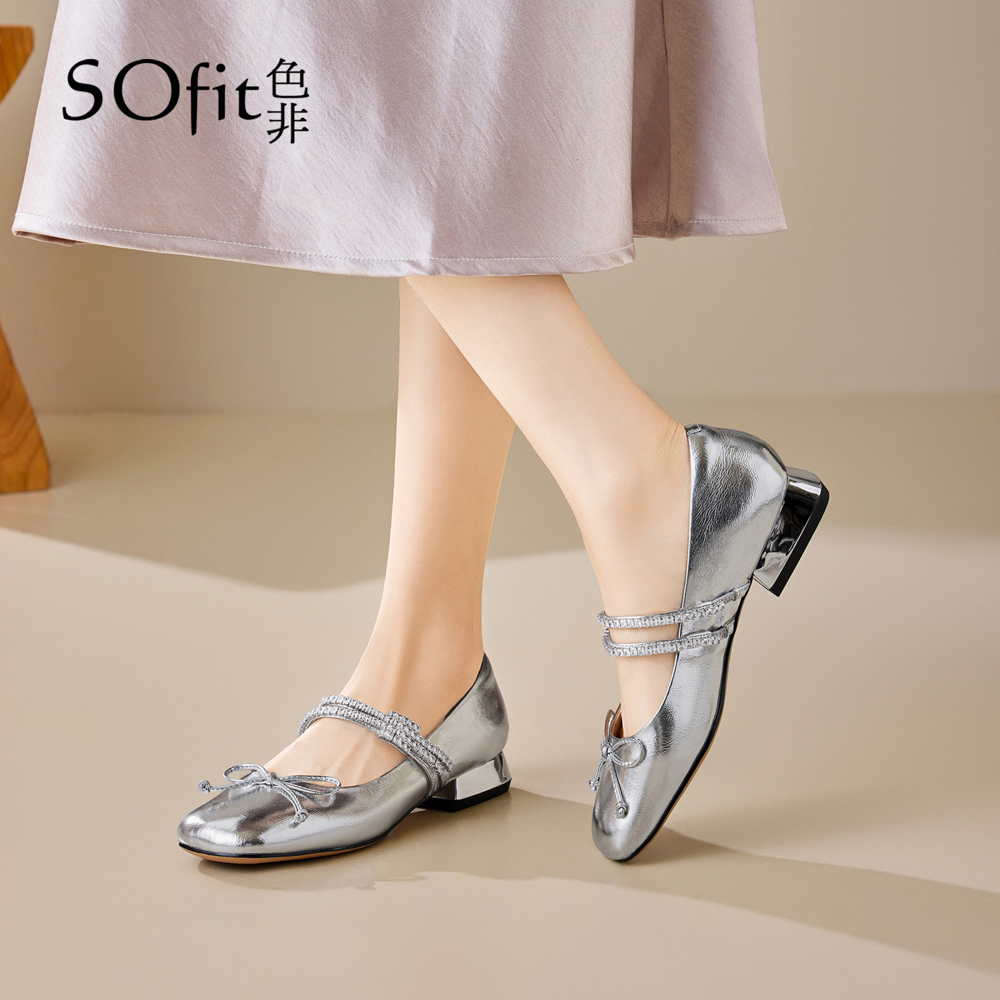 SOfit/色非方头英伦风浅口单鞋水钻百搭女鞋低跟蝴蝶结玛丽珍鞋