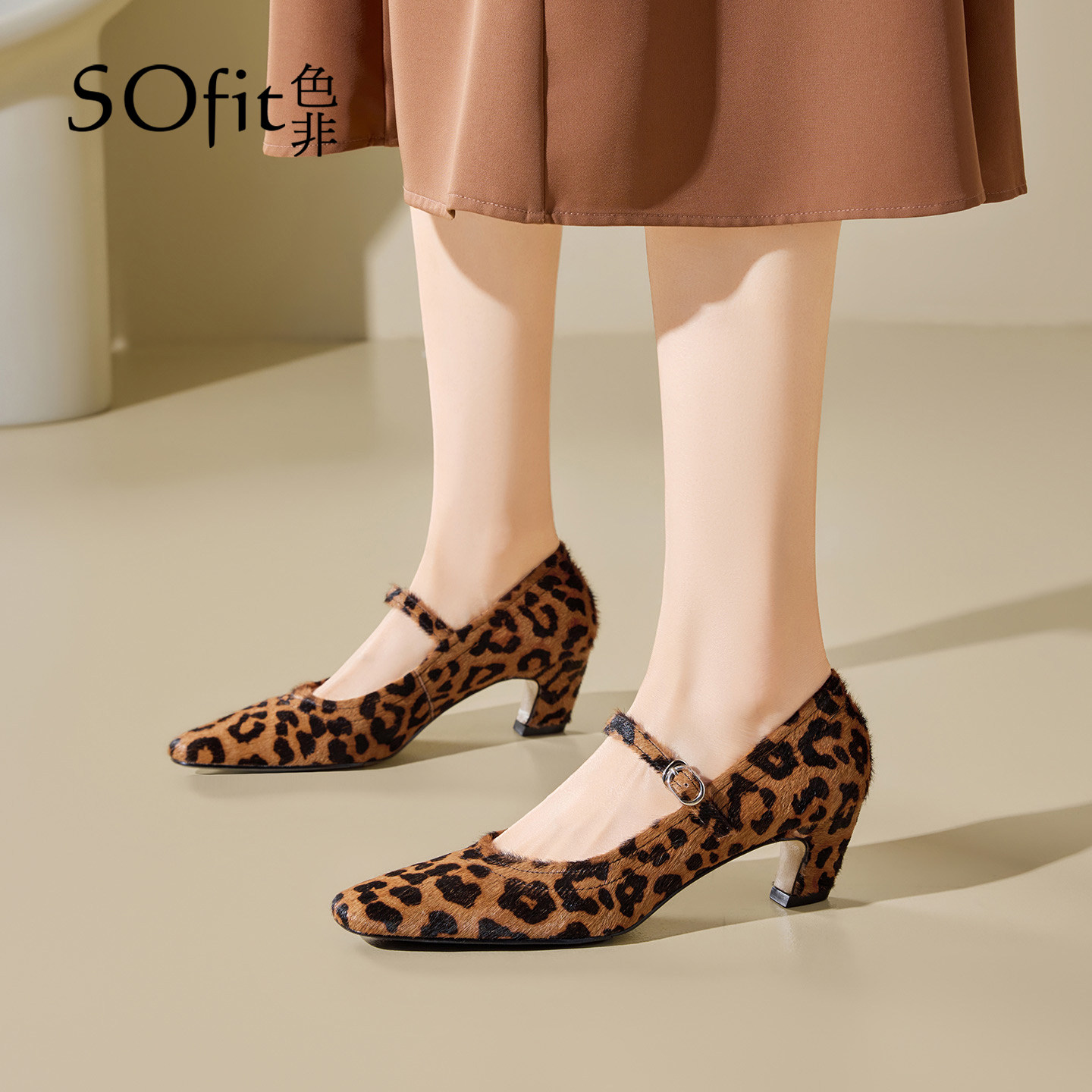 SOfit/色非细跟通勤方头浅口单鞋豹纹气质一字式扣带中跟玛丽珍鞋