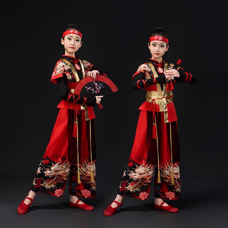 儿童中国风雪龙吟国潮爵士舞蹈服六一小学生打鼓服新中式扇子舞服