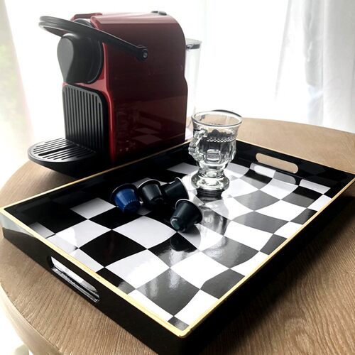 中古扭曲黑白格子托盘茶水托盘客厅茶几装饰盘子长方形