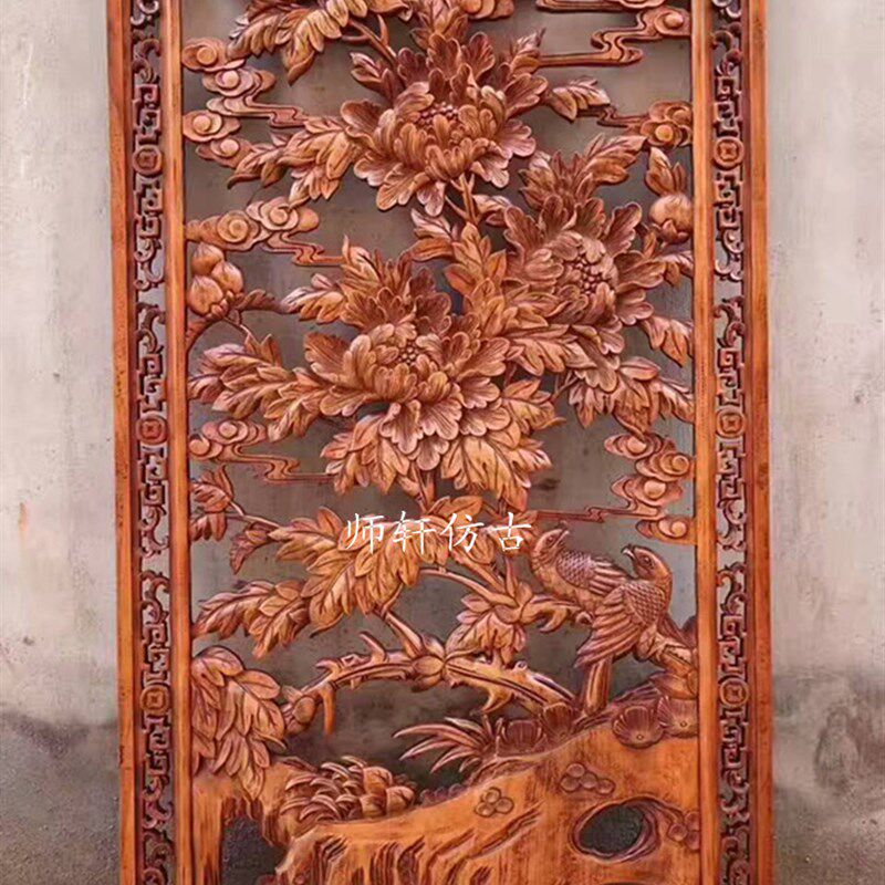 东阳木雕花开富贵牡丹鸟雕花板实木玄关吊顶隔断背景墙中式可定制
