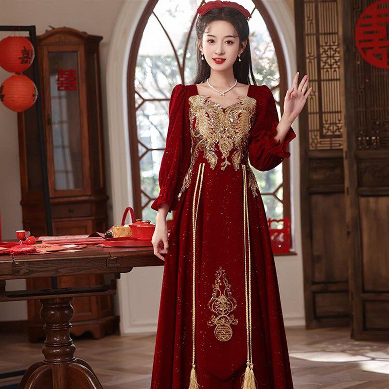 大码敬酒服新娘订婚礼服裙新款红色新中式胖mm回门服高级感结婚女