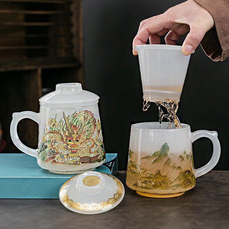 琉璃办公杯冰种玉瓷茶水分离泡茶杯定制logo高档老板杯带过滤水杯