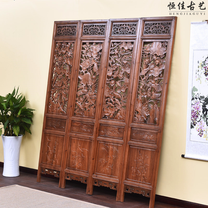 东阳木雕明清仿古新中式实木香樟木酒店客厅移动雕花屏风隔断折屏