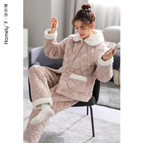 睡衣女士冬季三层加厚超厚夹棉法兰绒加绒珊瑚绒家居服秋冬款冬天