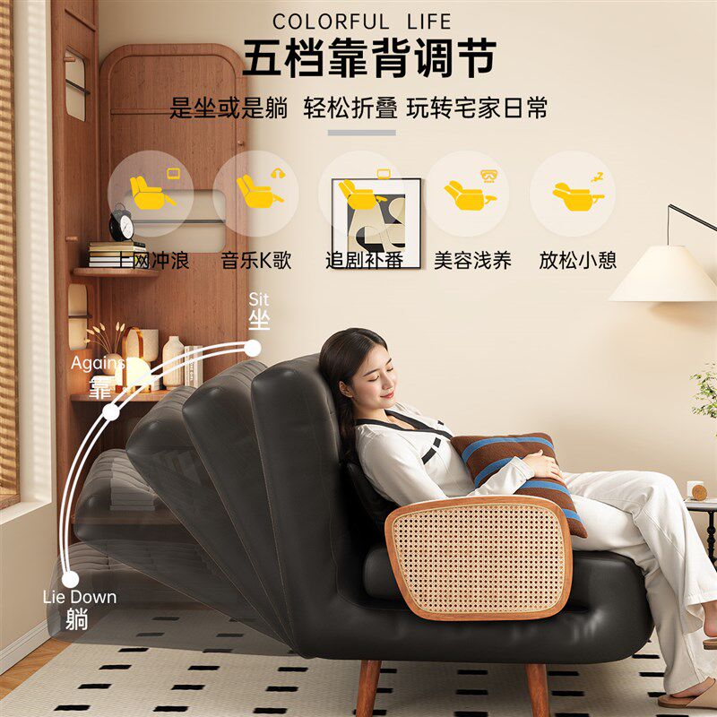 三梦原木沙发床单人小户型折叠伸缩多功能复古风一体两用2025新款