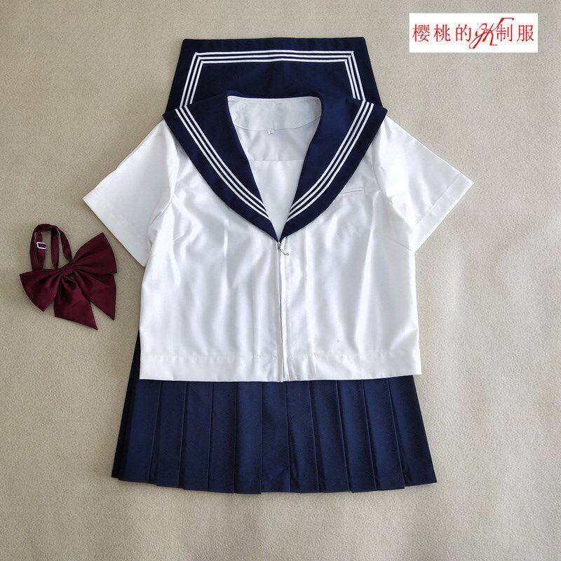基础款JK制服水手服学院风班服 软妹绀色短袖白三本百褶裙套装