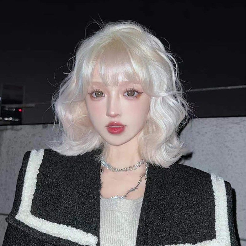 网红主播假发女羊毛卷个性银白色短发锁骨自然短卷发玉米卷全发套