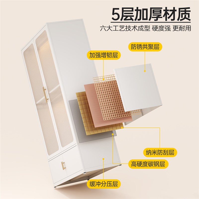 法式钢制衣柜收纳柜衣橱家用储物柜卧室环保无甲醛儿童铁皮挂衣柜