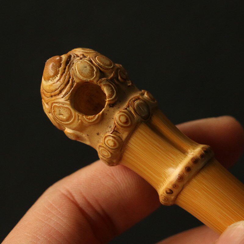 精品纯手工精磨天然满钉实心竹小烟嘴竹根雕一体小过滤咬嘴竹烟斗