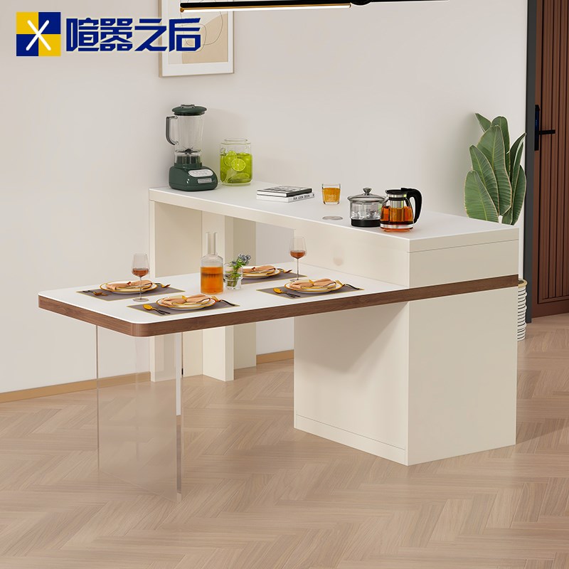 奶油风岩板岛台餐桌一体小户型厨房茶台烧水壶一体吧台隔断柜8E55
