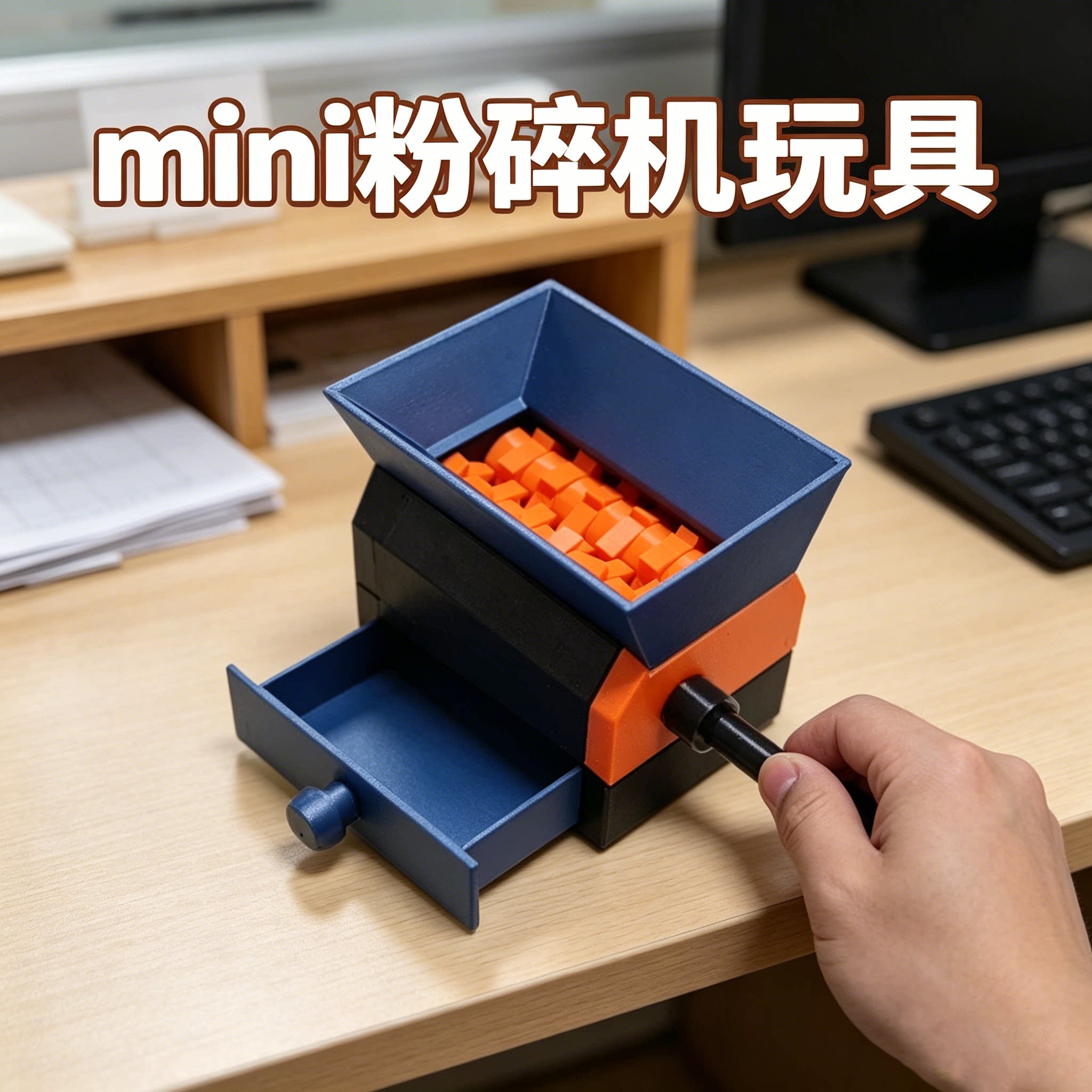粉碎机解压玩具迷你桌面微缩模型3D打印创意可转动减压破碎机玩具