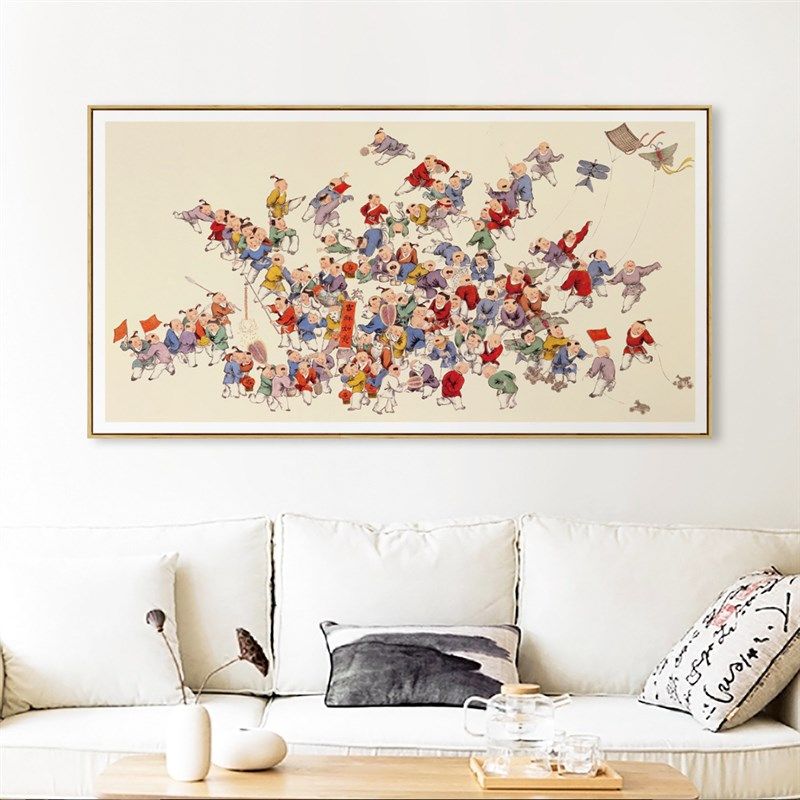 新中式百子迎福图装饰画客厅背景墙横幅挂画老人大寿祝寿贺礼品画