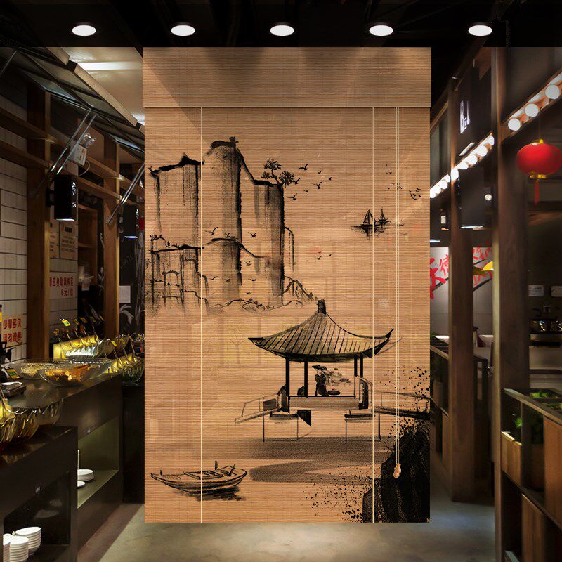 烟雨江南画竹帘卷帘窗帘酒楼餐厅隔断装饰帘子阳台防晒隔热遮阳帘