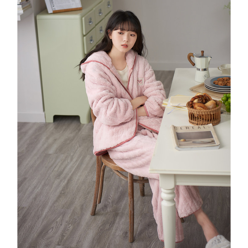 思莉太太睡衣女款冬季珊瑚绒加厚加绒冬天粉色连帽拉链毛绒家居服
