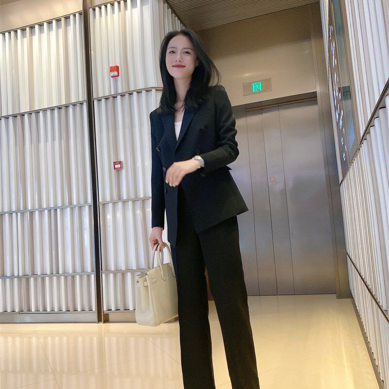 夏季新款黑色珍珠麻双排扣修身西装直筒裤套装女 半里布