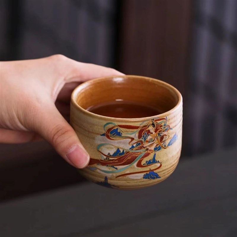 敦煌复古风焖茶壶家用凉水壶花茶壶带盖陶瓷茶壶茶杯个人旅行茶具