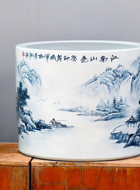 景德镇陶瓷书画缸字画收纳筒客厅书房大摆件手绘青花瓷卷轴缸桶