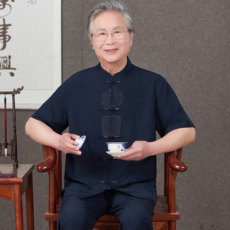 中老年夏季唐装男士短袖套装爷爷生日爷爷过寿中式礼服外套60岁70