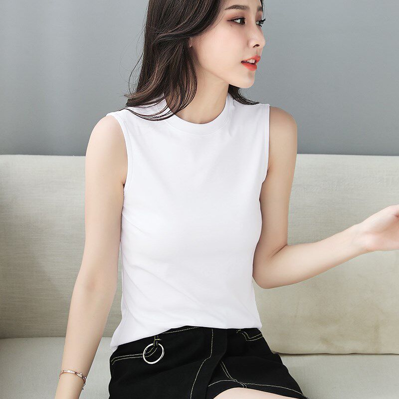 白色无袖上衣女背心夏内搭吊带外穿小圆领打底衫短款紧身收腰t恤