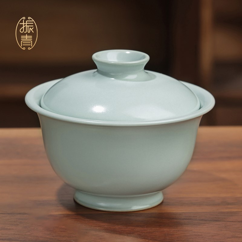 手工汝窑高足盖碗茶杯景德镇青瓷泡茶碗单个中式家用汝瓷茶具礼品