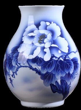 景德镇陶瓷花瓶 手绘青花瓷瑶池清韵牡丹福筒家居客厅电视柜摆设