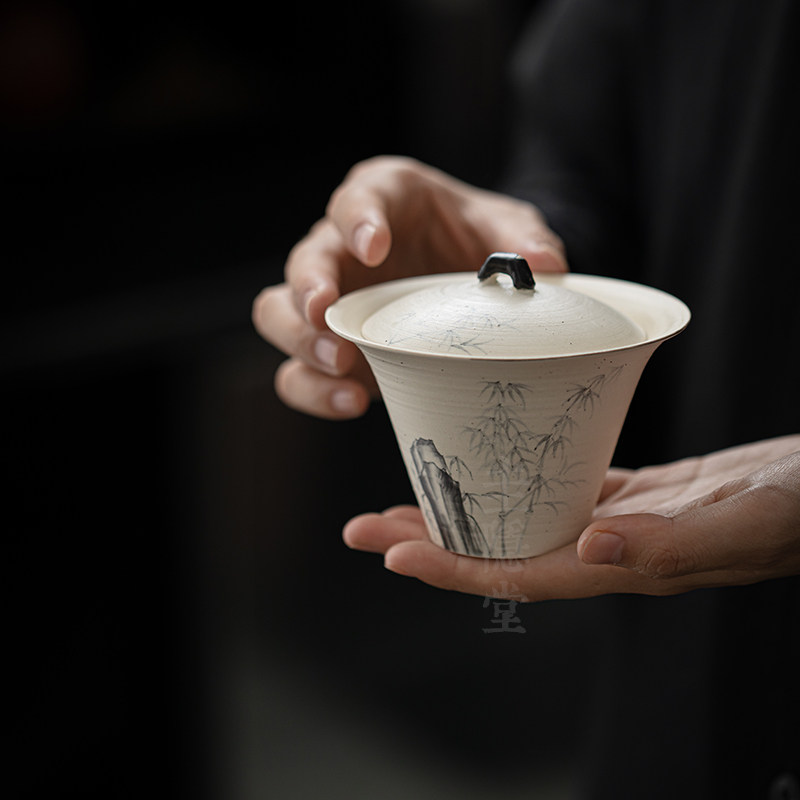 圭隐堂手绘墨竹粉引侘寂盖碗家用复古手工粗陶泡茶碗分茶器手抓碗
